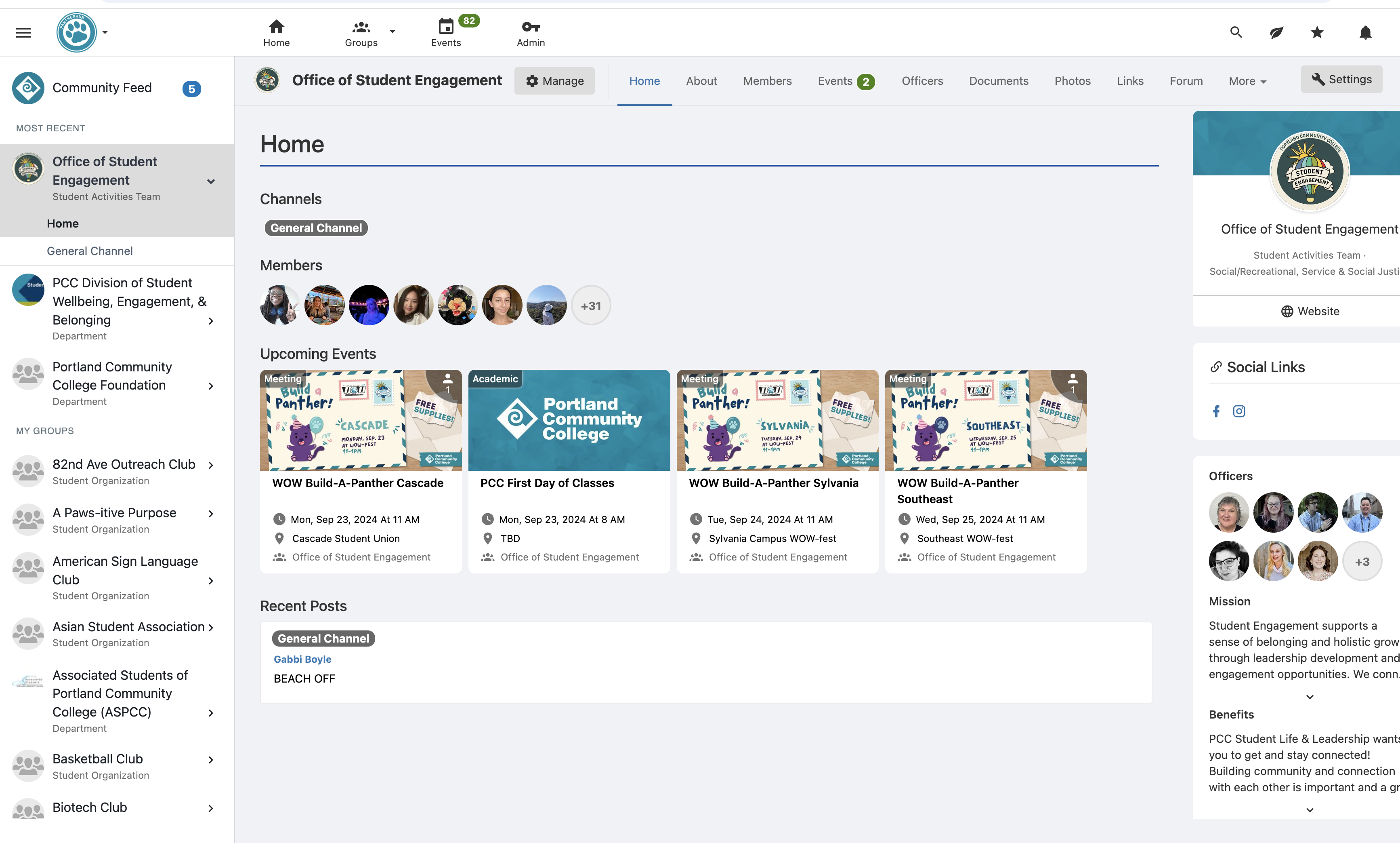 Screenshot of groups page in PantherHub platform.